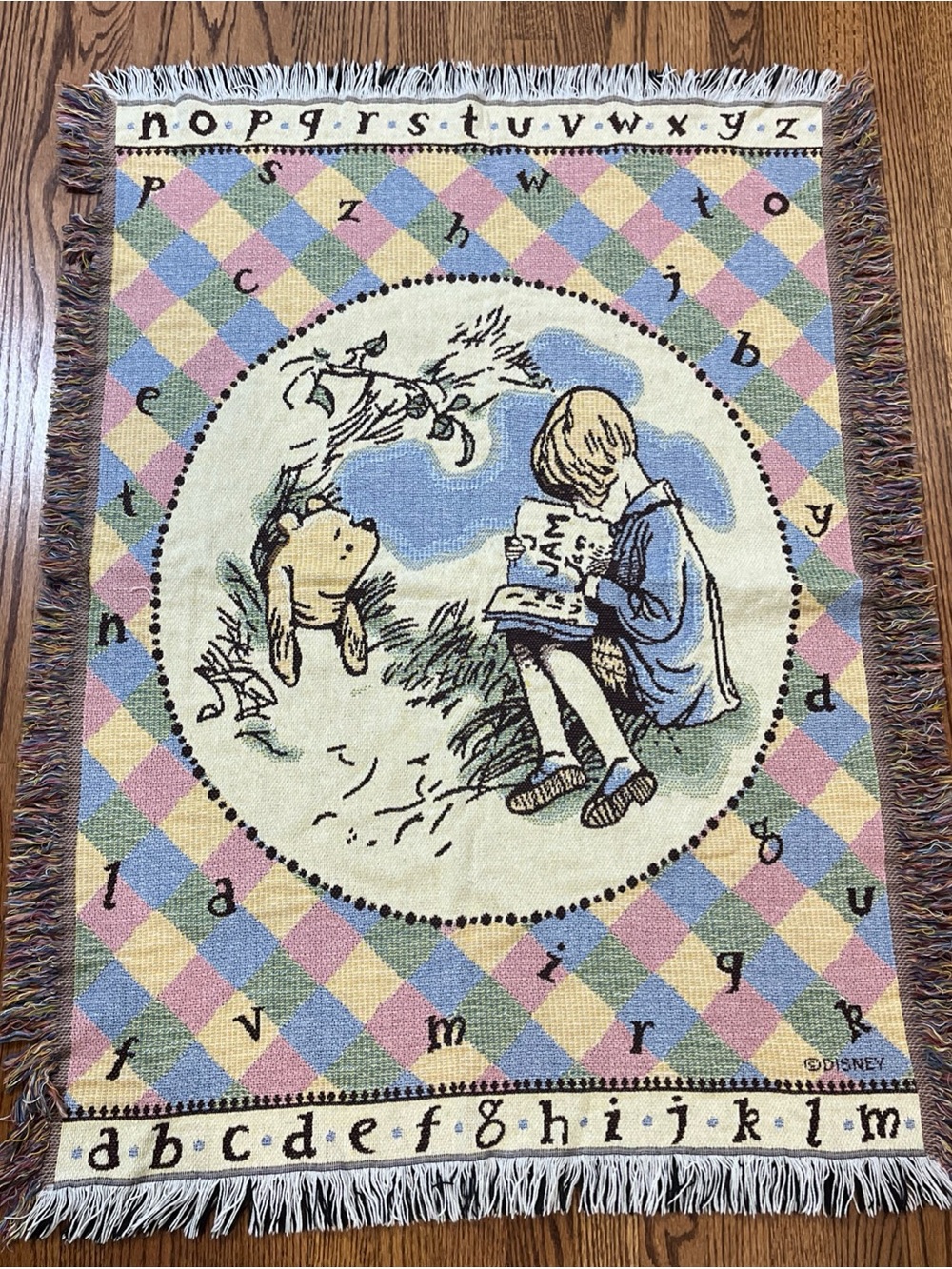 Disney Classic Winnie The Pooh Throw Tapestry Blanket Alphabet Vintage Nursery